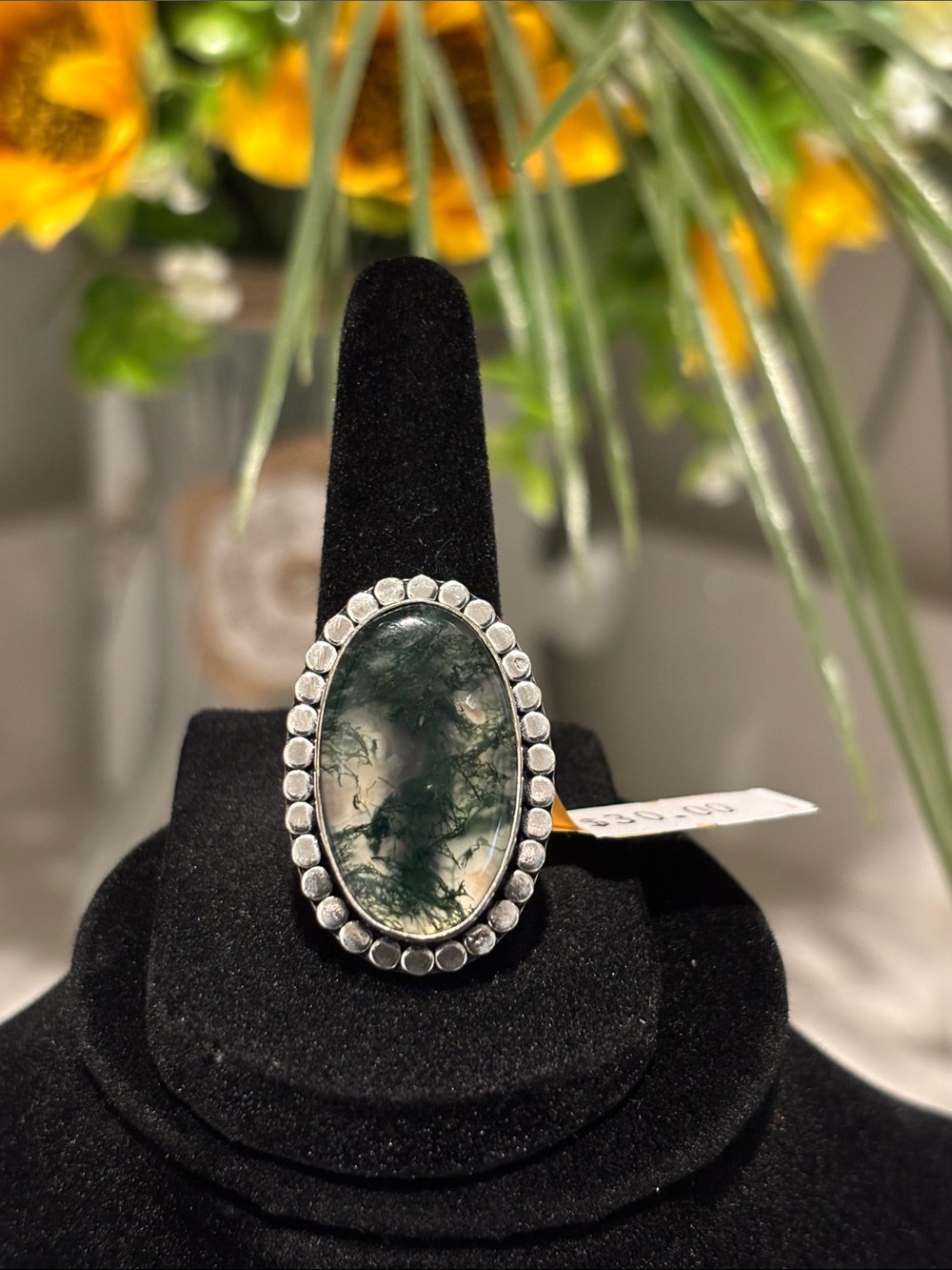 Sterling Silver Moss Agate Oval Statement Ring Size 8